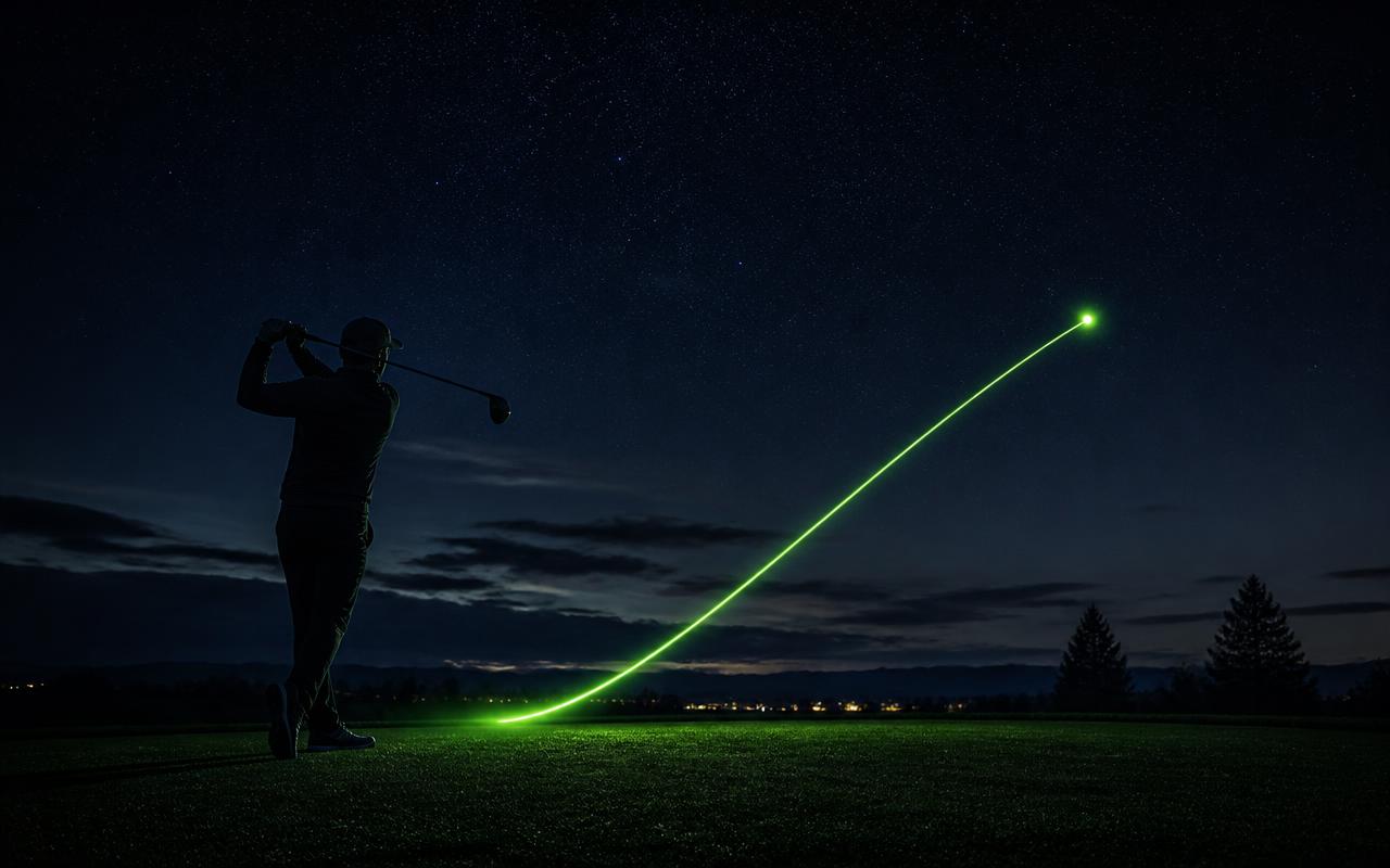Golfari að nóttu slær glóandi kúlu sem skilur eftir græna ljósslóð